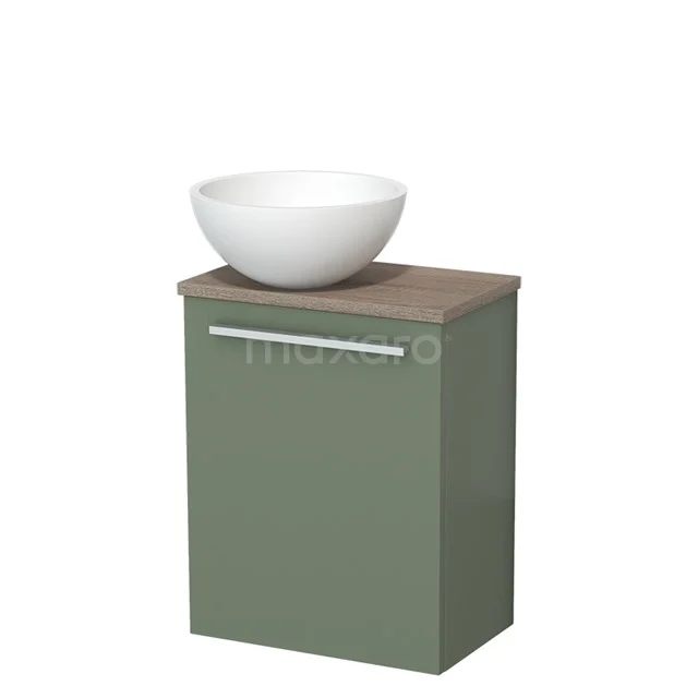 Toiletmeubel met waskom | 41 cm Saliegroen Vlak front Mat wit Solid surface waskom Eiken blad TMK10-12519