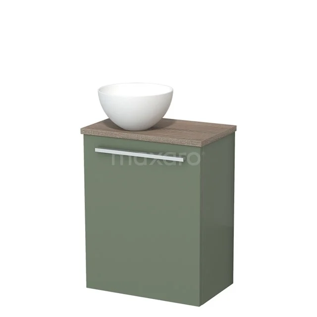WC-Möbel mit Aufsatzwaschbecken | 41 cm Salbeigrün Glatte Front Matt Weiß Solid Surface Aufsatzwaschbecken Eiche Platte TMK10-12520 Grünes Badezimmermöbel mit Holzplatte und weißem schalenförmigen Waschbecken, kompaktes Design für moderne Bäder.