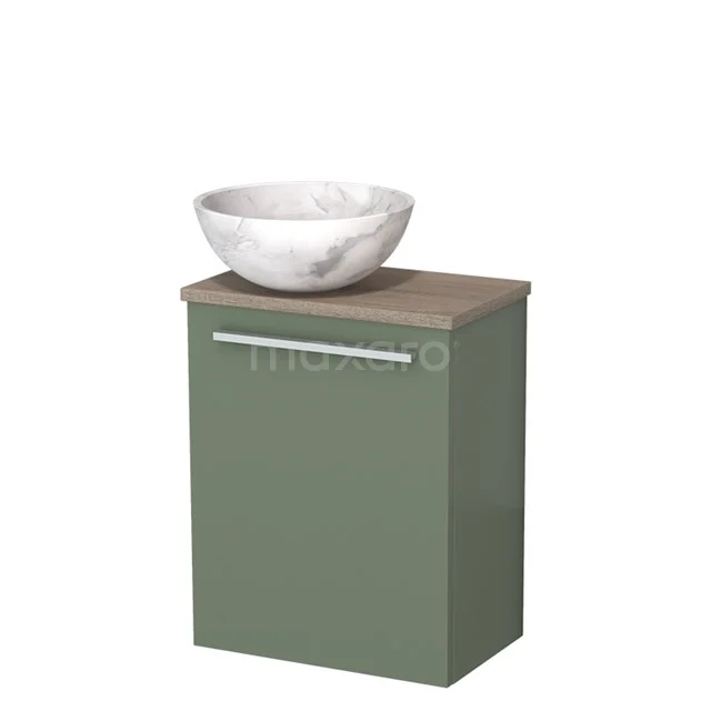 Toiletmeubel met waskom | 41 cm Saliegroen Vlak front Wit marmer Natuursteen waskom Eiken blad TMK10-12521