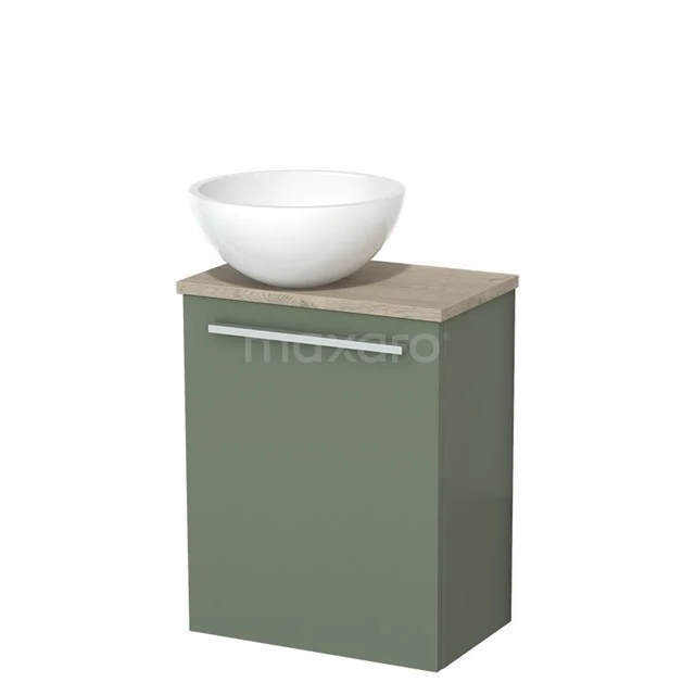 Toilet unit with countertop wash basin | 41 cm Sage green Flat front High-gloss white Mineral marble basin Light grey oak worktop TMK10-12531