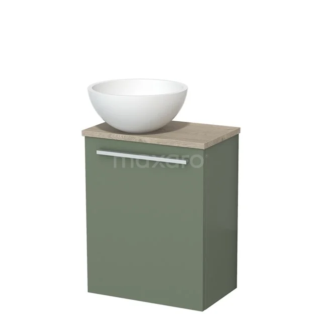 WC-Möbel mit Aufsatzwaschbecken | 41 cm Salbeigrün Glatte Front Matt Weiß Solid Surface Aufsatzwaschbecken Hellgraue Eiche Platte TMK10-12532 Grünes Badezimmermöbel mit Holzplatte und weißem keramischen schalenförmigen Waschbecken, kompaktes und modernes Design.