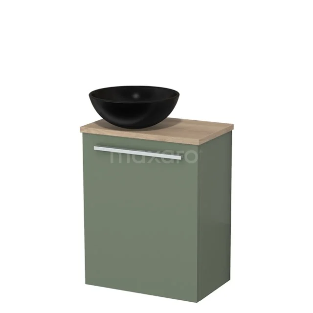 Toilet unit with wash basin | 41 cm Sage green Flat front Matte black Ceramic countertop wash basin Light brown oak worktop TMK10-12542
