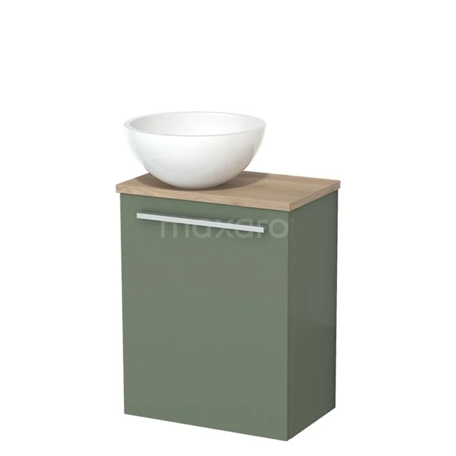 Toilet unit with countertop wash basin | 41 cm Sage green Flat front High-gloss white Mineral marble basin Light brown oak worktop TMK10-12544