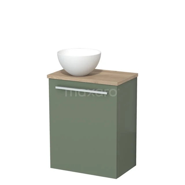 Toilet unit with countertop wash basin | 41 cm Sage green Flat front Matte white Solid surface wash basin Light brown oak worktop TMK10-12546