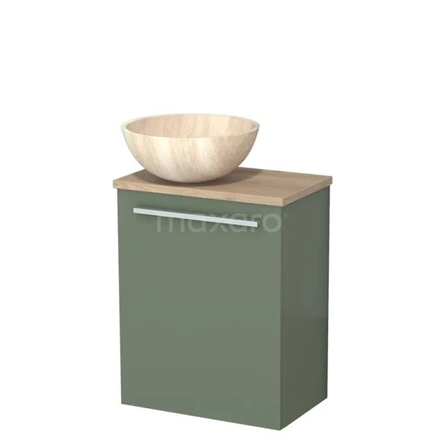 Toilet unit with wash basin | 41 cm Sage green Flat front Travertine Natural stone countertop wash basin Light brown oak worktop TMK10-12548