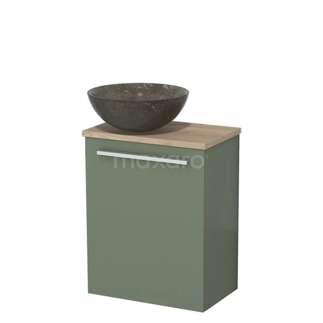 WC-Möbel mit Aufsatzwaschbecken | 41 cm Salbeigrün Flache Front Blaustein Naturstein Aufsatzwaschbecken Hellbraune Eiche TMK10-12550 Grüner Badschrank mit Eichenplatte und schwarzem Naturstein Aufsatzwaschbecken, modernes Design, ideal für kompakte Bäder.