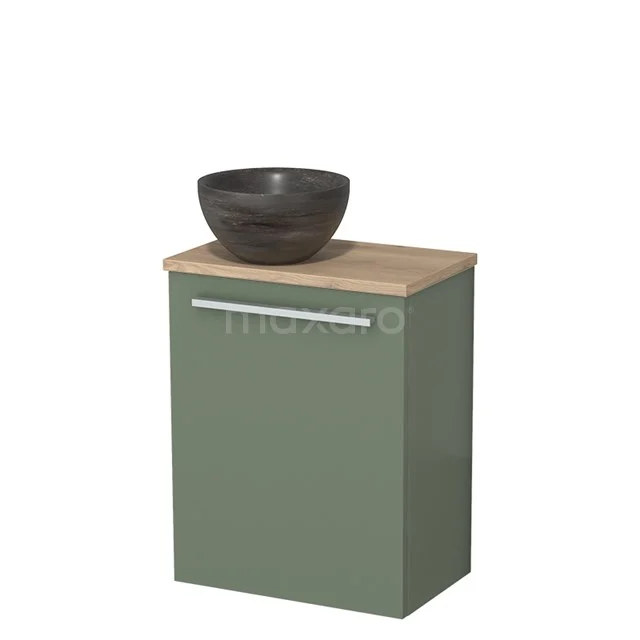 WC-Möbel mit Aufsatzwaschbecken | 41 cm Salbeigrün Flache Front Blaustein Naturstein Aufsatzwaschbecken Hellbraune Eiche TMK10-12551 Grüner Badschrank mit Holzlook Platte, keramisches schwarzes Waschbecken, modernes Design, ideal für kompakte Badezimmergestaltung.