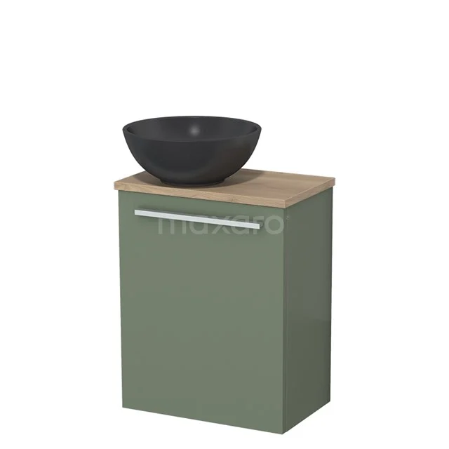 Toilet unit with countertop wash basin | 41 cm Sage green Flat front Matte black Quartz basin Light brown oak worktop TMK10-12552