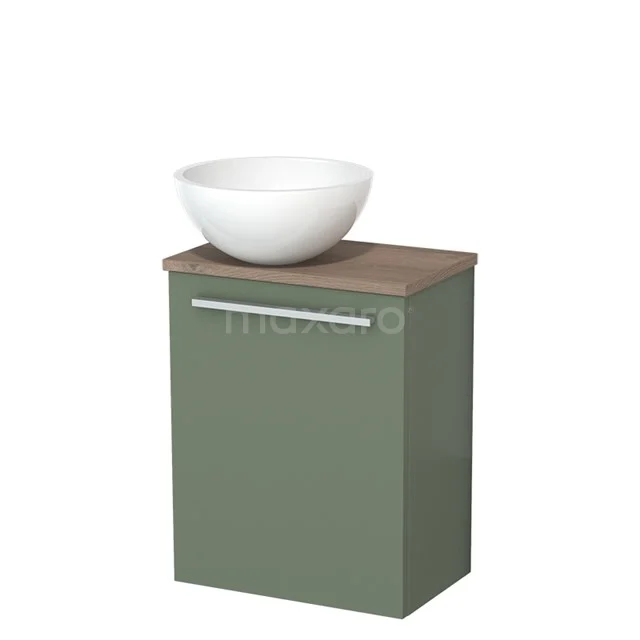 Toilet unit with wash basin | 41 cm Sage green Flat front High-gloss white Mineral marble basin Mid brown oak worktop TMK10-12557