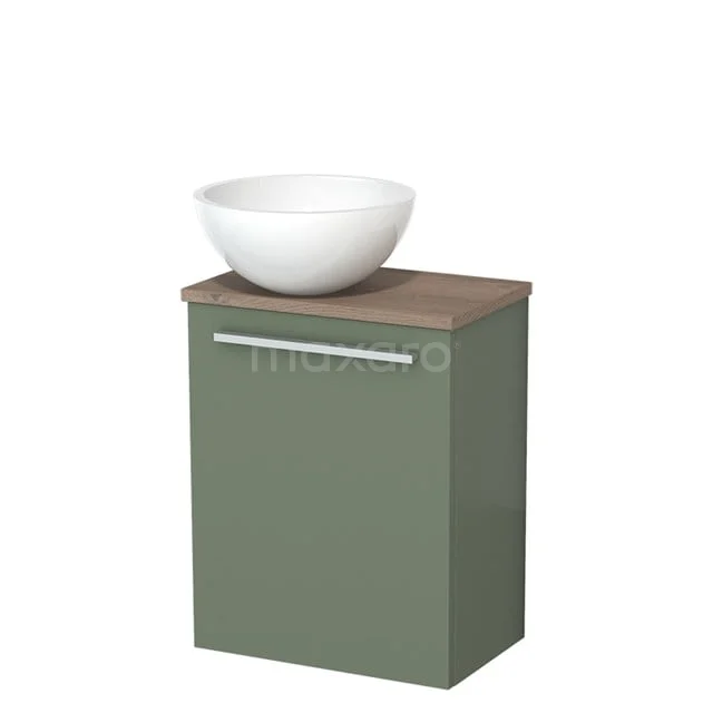 Toiletmeubel met waskom | 41 cm Saliegroen Vlak front Hoogglans wit Mineraalmarmer waskom Middenbruin eiken blad TMK10-12557