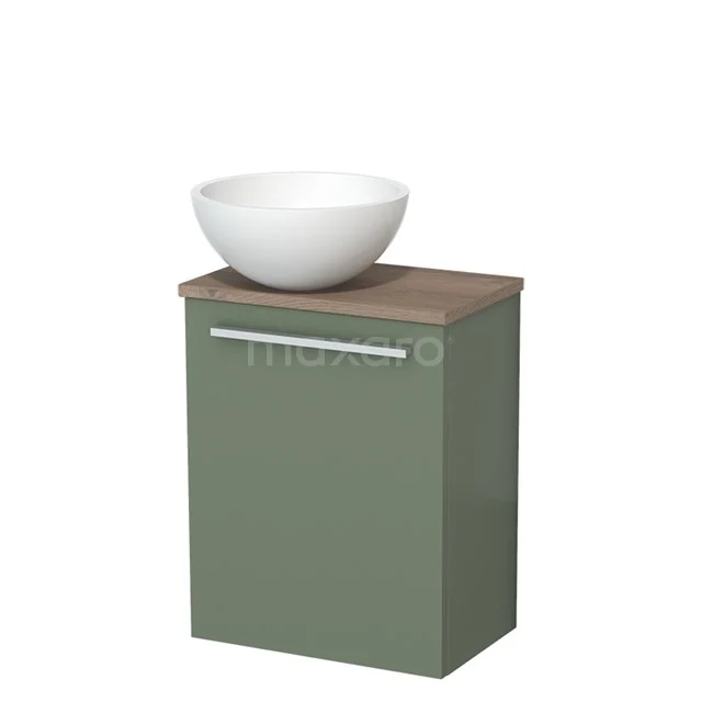 Toilet unit with wash basin | 41 cm Sage green Flat front Matte white Solidtop wash basin Mid brown oak worktop TMK10-12558