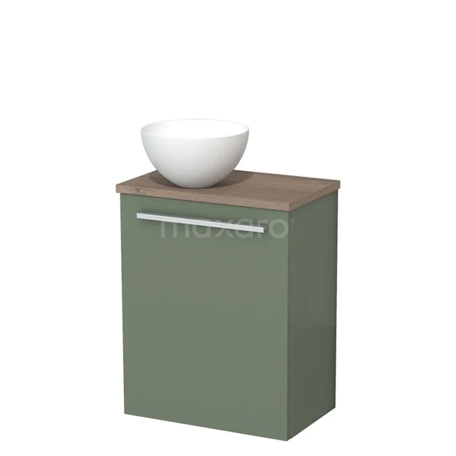 Toilet unit with wash basin | 41 cm Sage green Flat front Matte white Solidtop wash basin Mid brown oak worktop TMK10-12559
