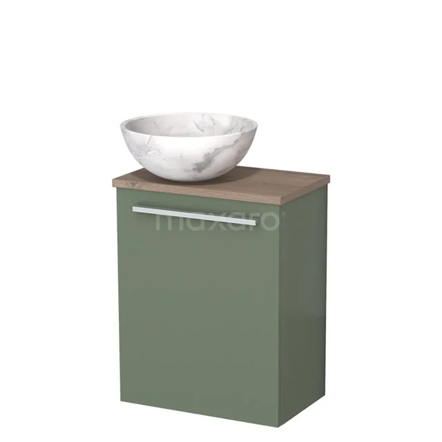 WC-Möbel mit Aufsatzwaschbecken | 41 cm Salbeigrün Flache Front Weißer Marmor Naturstein Aufsatzwaschbecken Mittelbraune Eiche TMK10-12560 Grüner Badschrank mit Holzplatte und marmoriertem Waschbecken; stilvolles und kompaktes Design für moderne Bäder.
