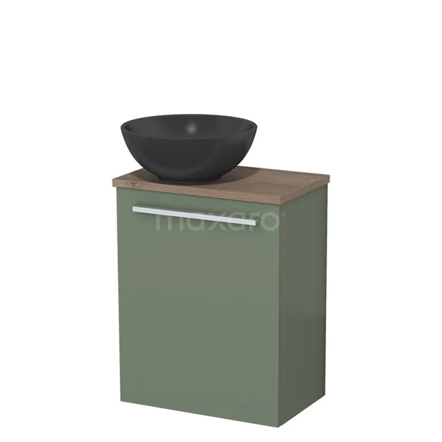 Toilet unit with countertop wash basin | 41 cm Sage green Flat front Matte black Quartz wash basin Mid brown oak worktop TMK10-12565