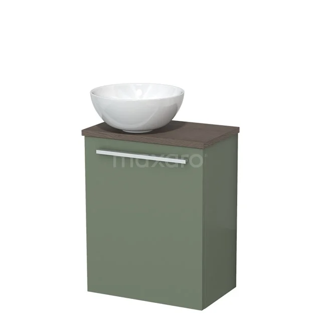 Toiletmeubel met waskom | 41 cm Saliegroen Vlak front Hoogglans wit Keramiek waskom Donkerbruin eiken blad TMK10-12566