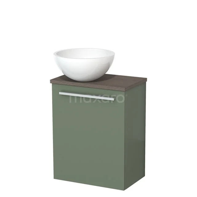 Toilet unit with countertop wash basin | 41 cm Sage green Flat front High-gloss white Mineral marble basin Dark brown oak worktop TMK10-12570