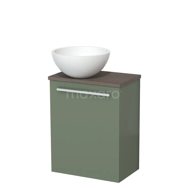 Toilet unit with countertop wash basin | 41 cm Sage green Flat front Matte white Solidtop wash basin Dark brown oak worktop TMK10-12571