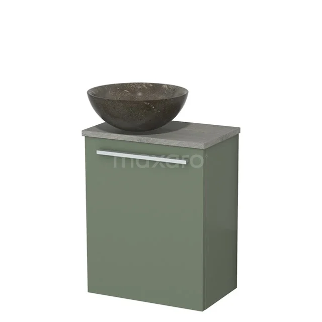 WC-Möbel mit Aufsatzwaschbecken | 41 cm Salbeigrün Flache Front Blaustein Naturstein Aufsatzwaschbecken Graue Eiche TMK10-12589 Grünes Waschtisch mit Natursteine Aufsatzwaschbecken, schlichte Metallgriff, ideal für eine stilvolle Badezimmergestaltung.