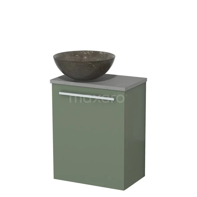 Grünes Badmöbel mit runder keramischer Aufsatzwaschbecken und grauer Platte, ideal für eine moderne Badezimmergestaltung.