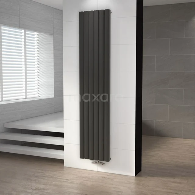 Black vertical aluminium design radiator, slim and modern, perfect for stylish bathroom heating.
