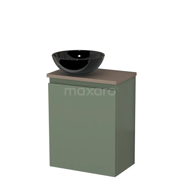 Toiletmeubel met waskom | 41 cm Saliegroen Greeploos front Hoogglans zwart Keramiek waskom Taupe blad TMK10-12619