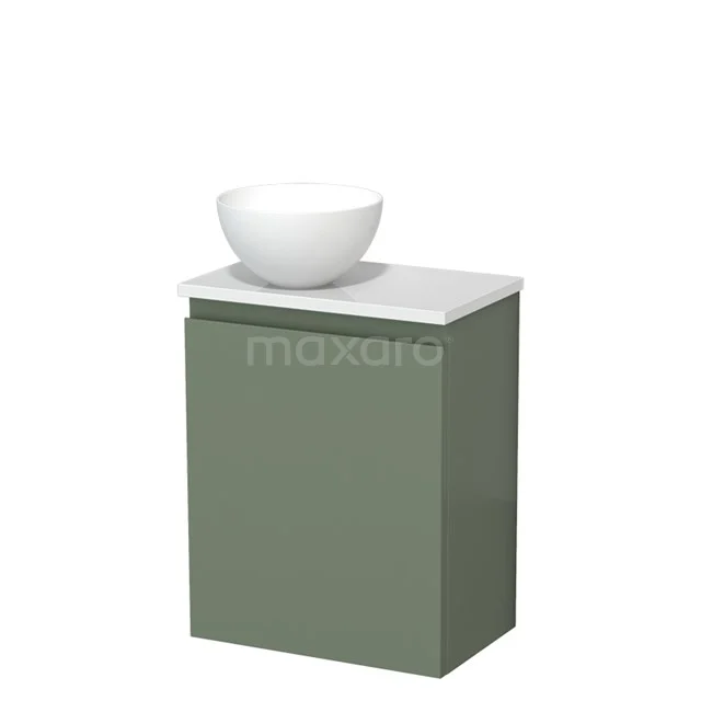 Grünes Badmöbel mit matt weißer Waschbecken, schlankes Design und Stauraum, ideal für ein modernes Badezimmer.