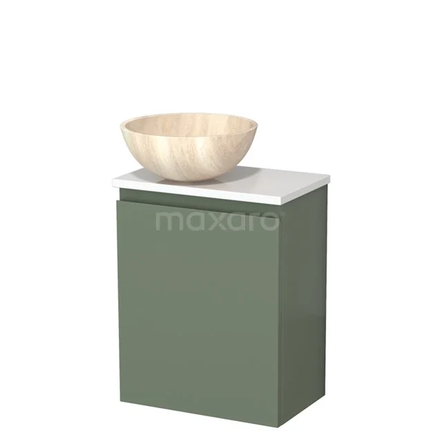Toilet unit with wash basin | 41 cm Sage green Handleless front Travertine Natural stone countertop wash basin High-gloss white worktop TMK10-12665