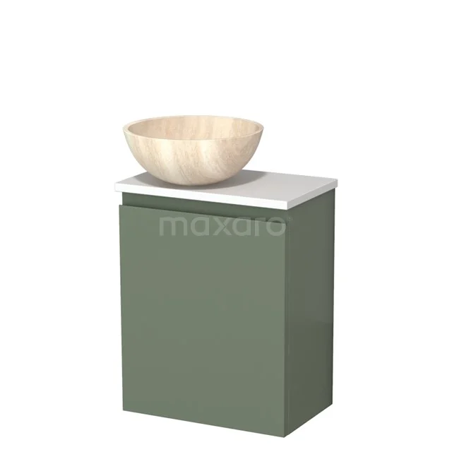 Toilet unit with wash basin | 41 cm Sage green Handleless front Travertine Natural stone countertop wash basin Matte white worktop TMK10-12678