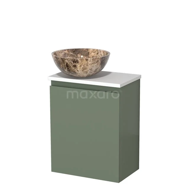 WC-Möbel mit Aufsatzwaschbecken | 41 cm Salbeigrün Grifflose Front Dark emperador Aufsatzwaschbecken aus Naturstein Matt Weiß Platte TMK10-12679 Grüne Badmöbelset mit Natursteine Waschbecken, modernes Design, ideal für eine stilvolle Badezimmergestaltung.