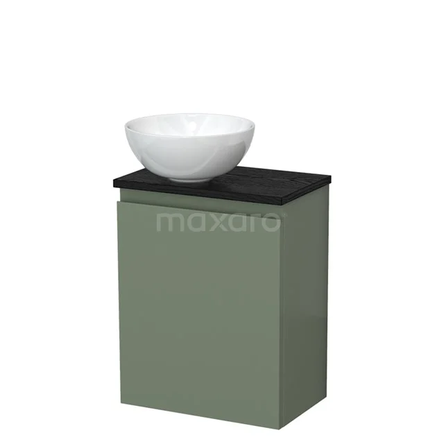Toilet unit with countertop wash basin | 41 cm Sage green Handleless front High-gloss white Ceramic wash basin Black oak worktop TMK10-12722
