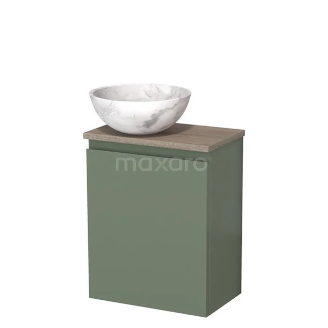 Toiletmeubel met waskom | 41 cm Saliegroen Greeploos front Wit marmer Natuursteen waskom Eiken blad TMK10-12742