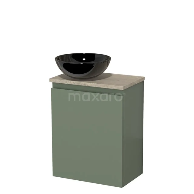 Toilet unit with countertop wash basin | 41 cm Sage green Handleless front High-gloss black Ceramic countertop wash basin Light grey oak worktop TMK10-12749