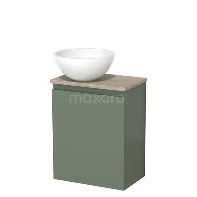 Toilet unit with countertop wash basin | 41 cm Sage green Handleless front High-gloss white Mineral marble basin Light grey oak worktop TMK10-12752