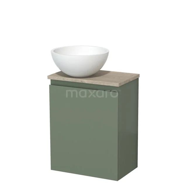 Toilet unit with countertop wash basin | 41 cm Sage green Handleless front Matte white Solid surface wash basin Light grey oak worktop TMK10-12753