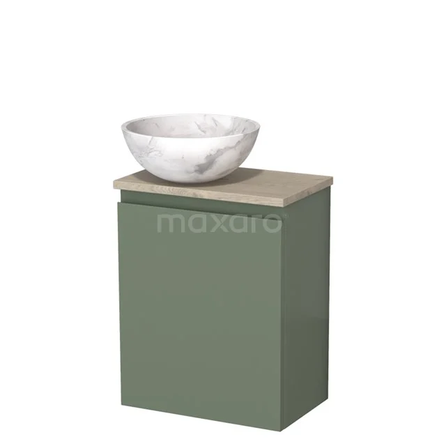 Toiletmeubel met waskom | 41 cm Saliegroen Greeploos front Wit marmer Natuursteen waskom Lichtgrijs eiken blad TMK10-12755