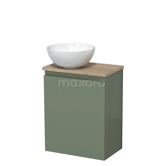 Toiletmeubel met waskom | 41 cm Saliegroen Greeploos front Hoogglans wit Keramiek waskom Lichtbruin eiken blad TMK10-12761