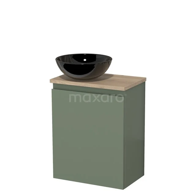 Toilet unit with countertop wash basin | 41 cm Sage green Handleless front High-gloss black Ceramic basin Light brown oak worktop TMK10-12762