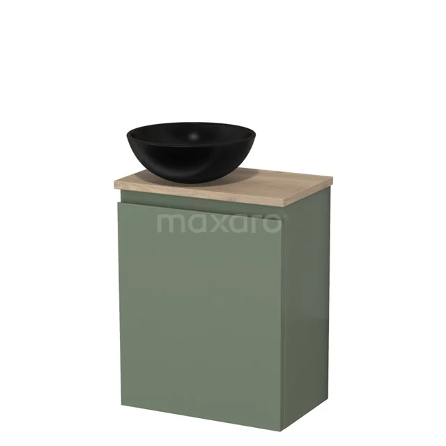 Toilet unit with countertop wash basin | 41 cm Sage green Handleless front Matte black Ceramic basin Light brown oak worktop TMK10-12763