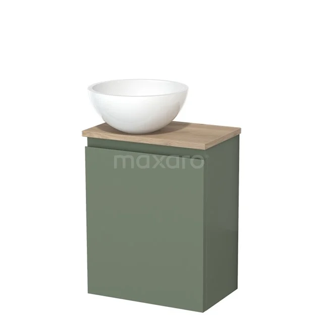 Toiletmeubel met waskom | 41 cm Saliegroen Greeploos front Hoogglans wit Mineraalmarmer waskom Lichtbruin eiken blad TMK10-12765