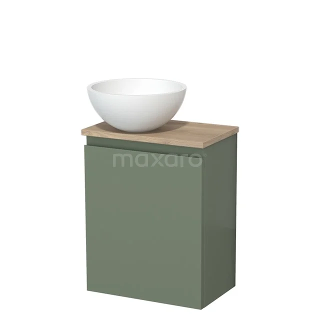 Toiletmeubel met waskom | 41 cm Saliegroen Greeploos front Mat wit Solid surface waskom Lichtbruin eiken blad TMK10-12766