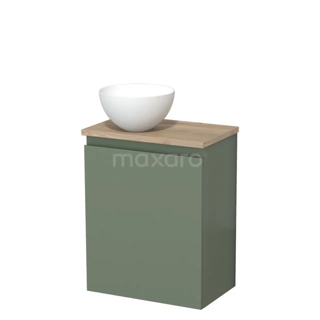 Countertop wash basin | 41 cm Sage green Handleless front Matte white Solid surface basin Light brown oak worktop TMK10-12767