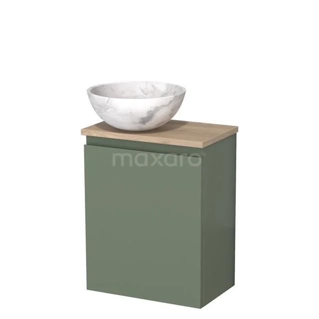 Toilet unit with countertop wash basin | 41 cm Sage green Handleless front White marble Natural stone countertop wash basin Light brown oak worktop TMK10-12768