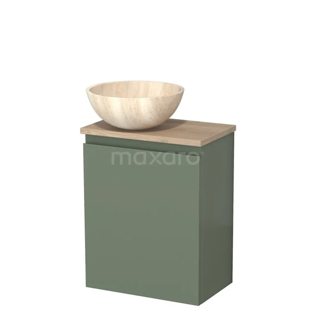 Toilet unit with countertop wash basin | 41 cm Sage green Handleless front Travertine Natural stone countertop wash basin Light brown oak worktop TMK10-12769