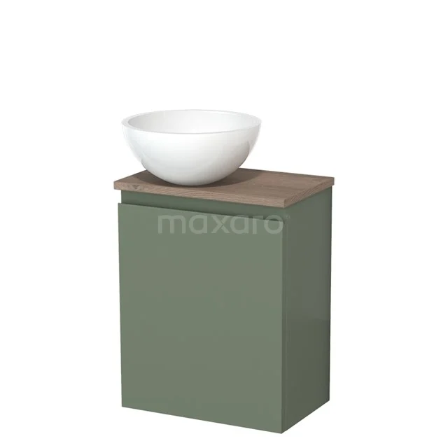Toilet unit with countertop wash basin | 41 cm Sage green Handleless front High-gloss white Mineral marble basin Mid brown oak worktop TMK10-12778