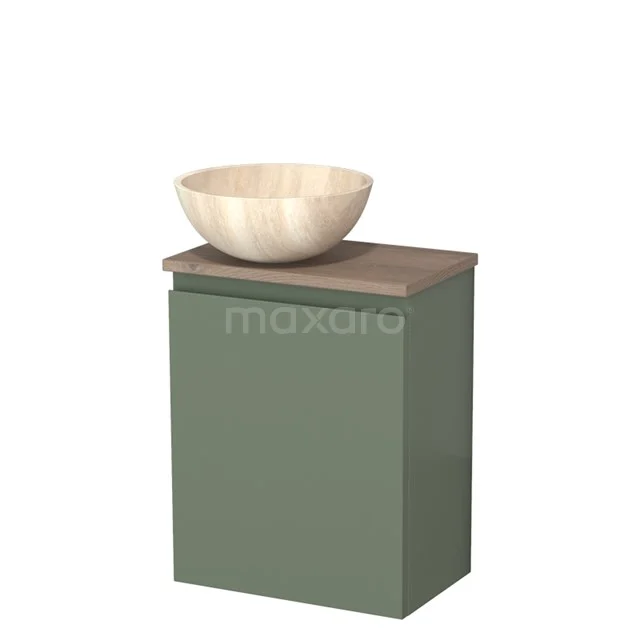 Toilet unit with wash basin | 41 cm Sage green Handleless front Travertine Natural stone countertop wash basin Mid brown oak worktop TMK10-12782