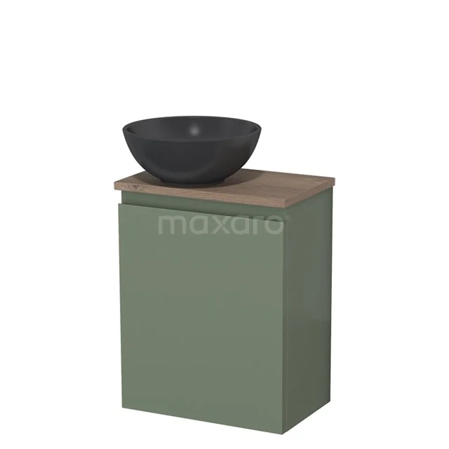 Toilet unit with countertop wash basin | 41 cm Sage green Handleless front Matte black Quartz basin Mid brown oak worktop TMK10-12786