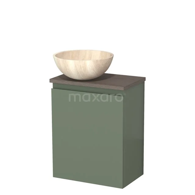 Toilet unit with countertop wash basin | 41 cm Sage green Handleless front Travertine Natural stone countertop wash basin Dark brown oak worktop TMK10-12795
