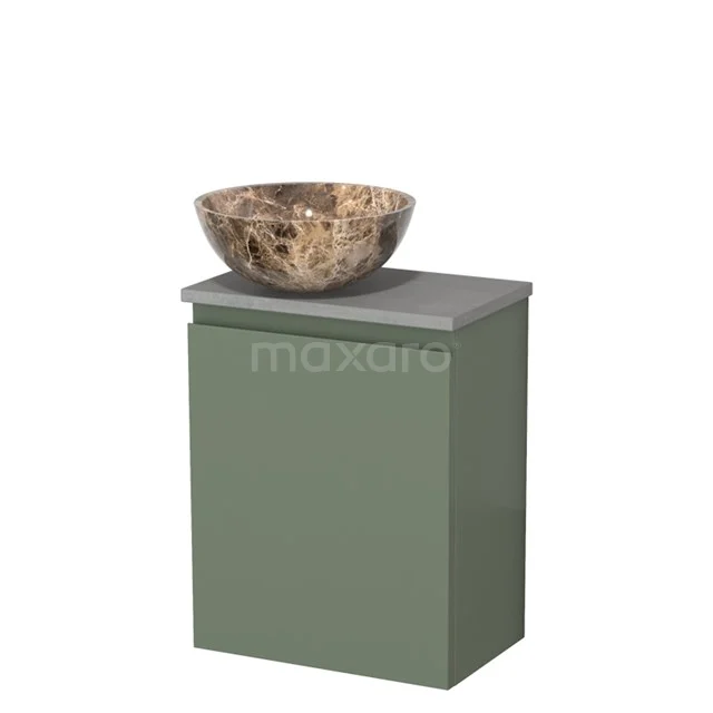 Toilet unit with countertop wash basin | 41 cm Sage green Handleless front Dark emperador Natural stone countertop wash basin Light grey concrete worktop TMK10-12822