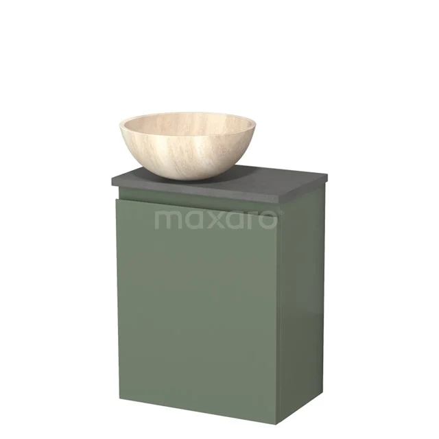 Toilet unit with countertop wash basin | 41 cm Sage green Handleless front Travertine Natural stone basin Dark grey concrete worktop TMK10-12834