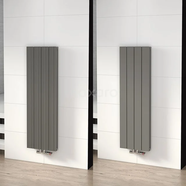 Grey vertical design radiator, slim and modern, ideal for efficient bathroom heating.